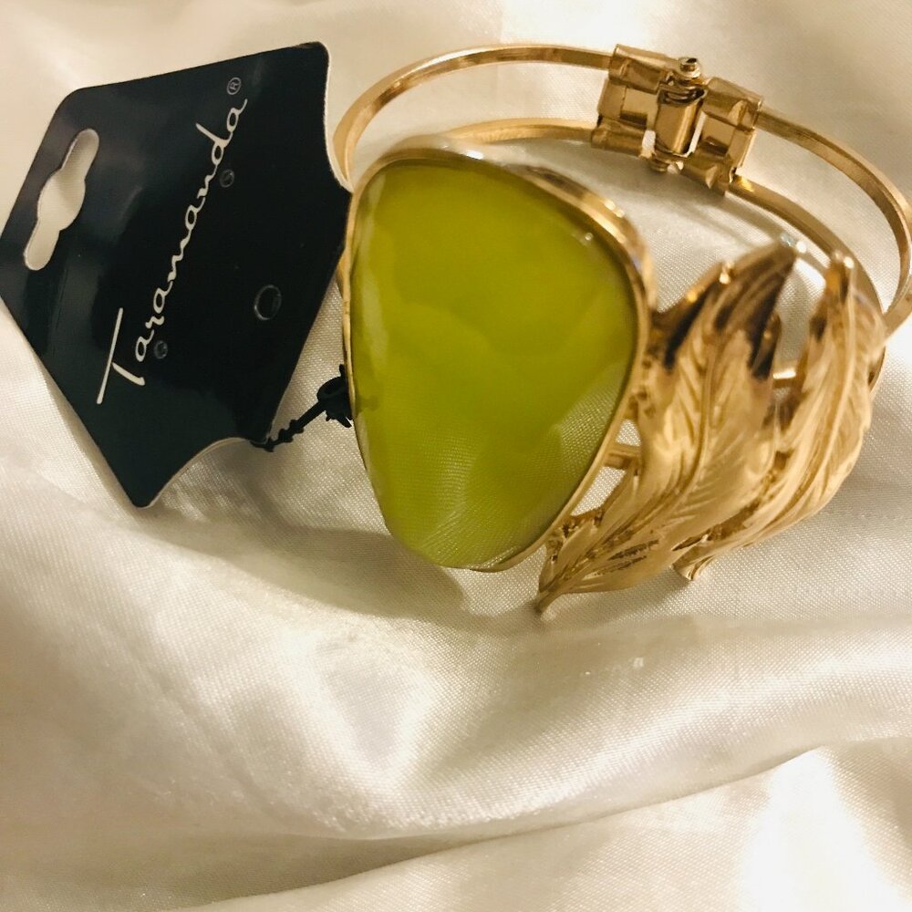 FAUX JADE BRACELET WITH GOLD TONE LEAVES HINGED CUFF TARAMANDA JEWELRY